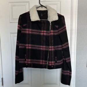 Guess Black and Pink Teddy Jacket with Fuzzy Collar